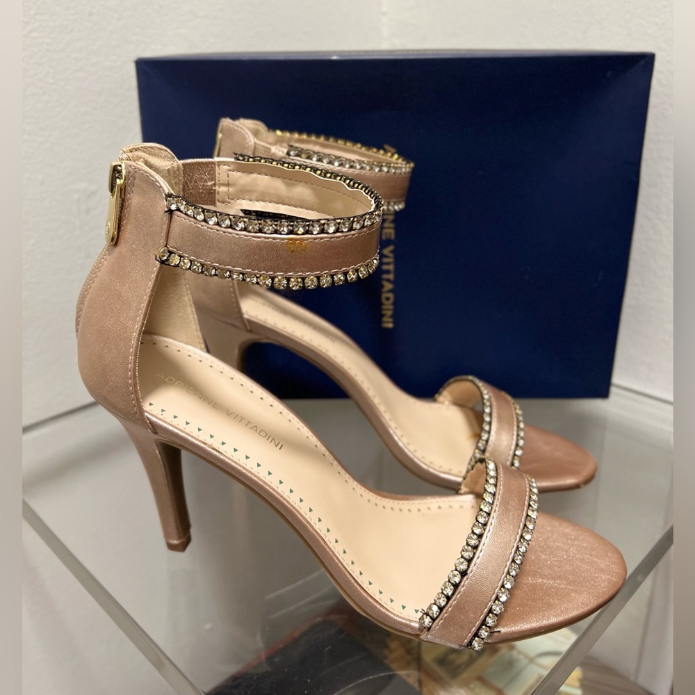 Adrienne Vottadini Tan Heels with Rhinestone Embellishments